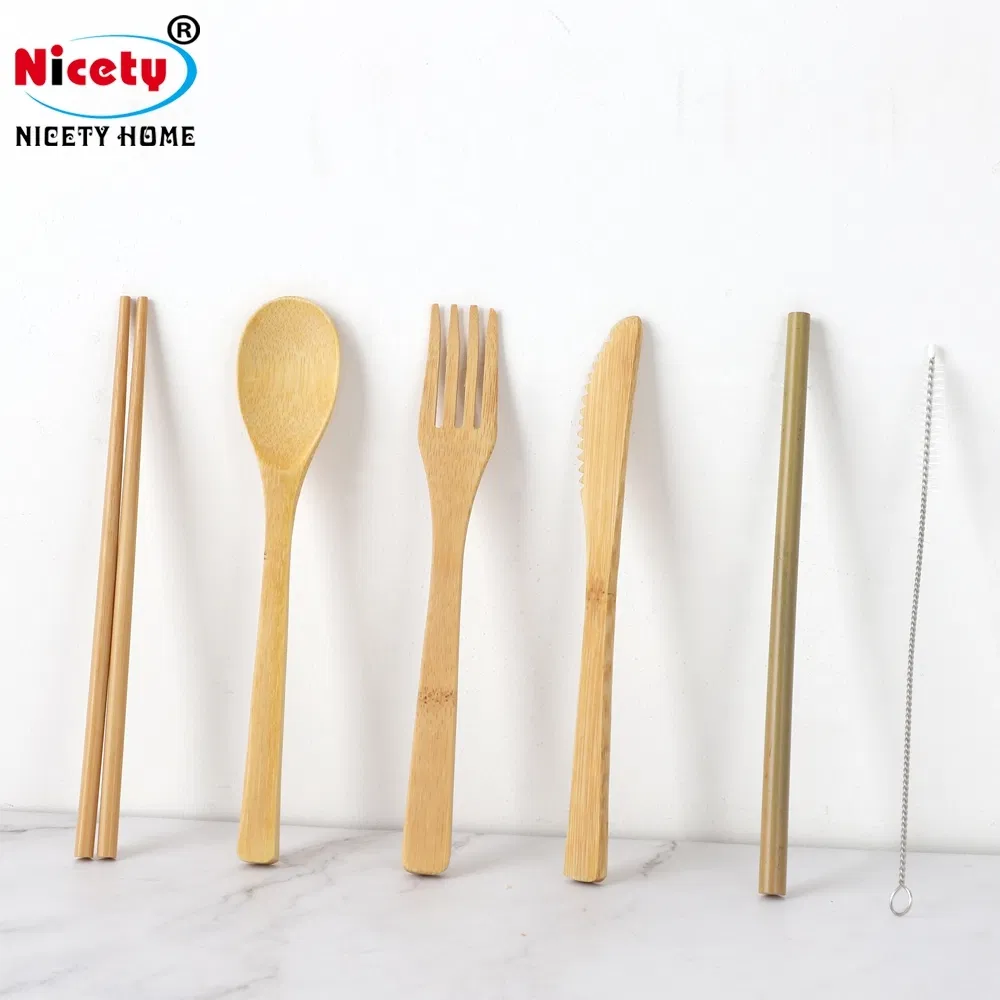 Wholesale Travel Outdoors 6PCS Bamboo Eco-Friendly Tableware Sets with Chopsticks Knife Fork Straw Spoon