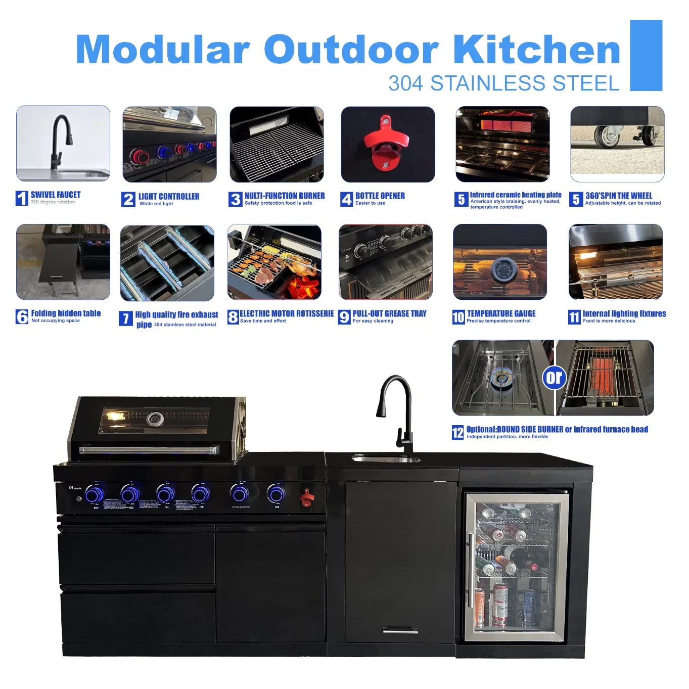 Outdoor Kitchen 4-Burner Gas Grill with Refrigerator Cabinet