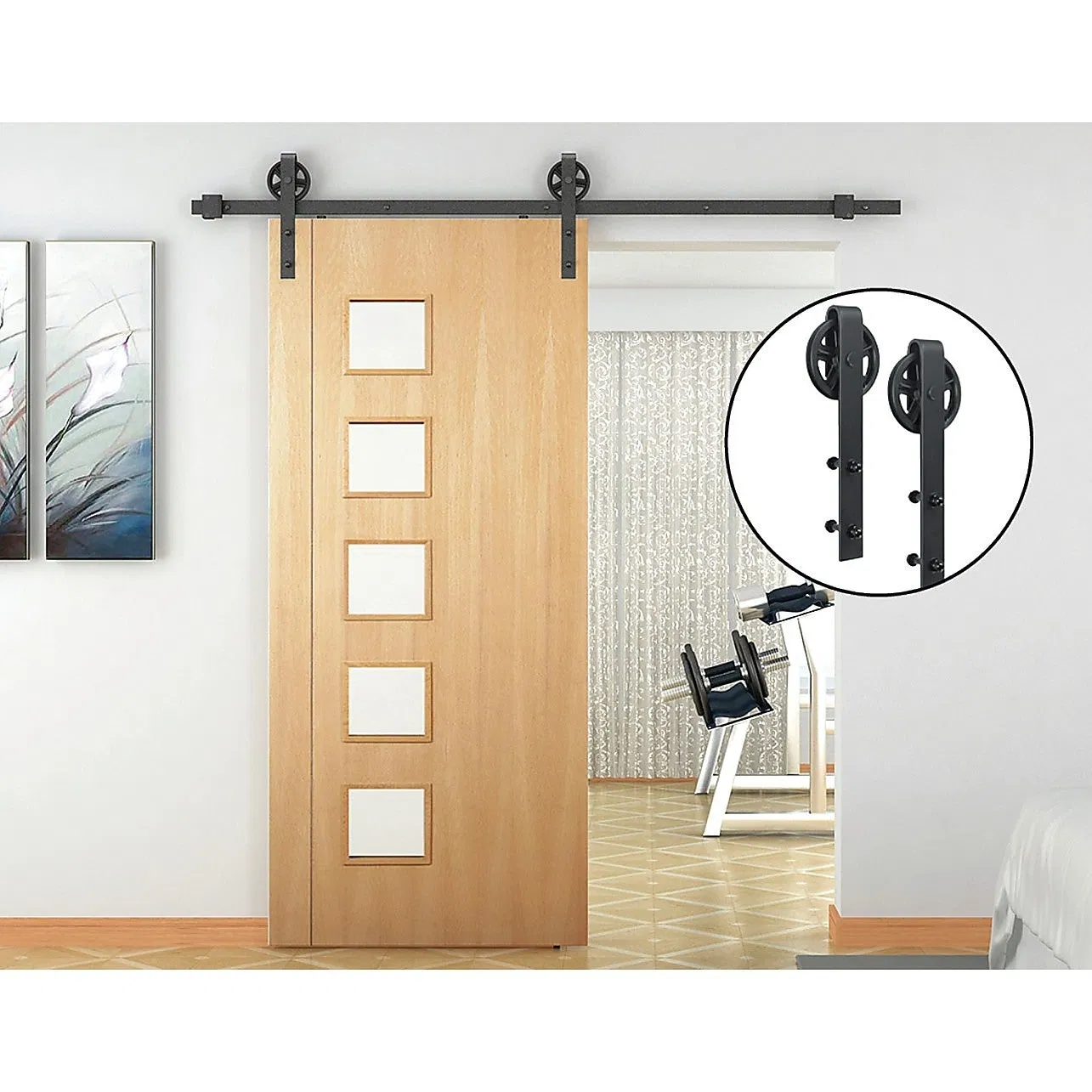 America Soild Wood Black Barn Door with Sliding Door Hardware Accessories