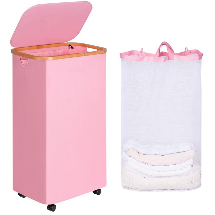 Collapsible Tall Laundry Hamper with Wheels for Dorm Room Bathroom