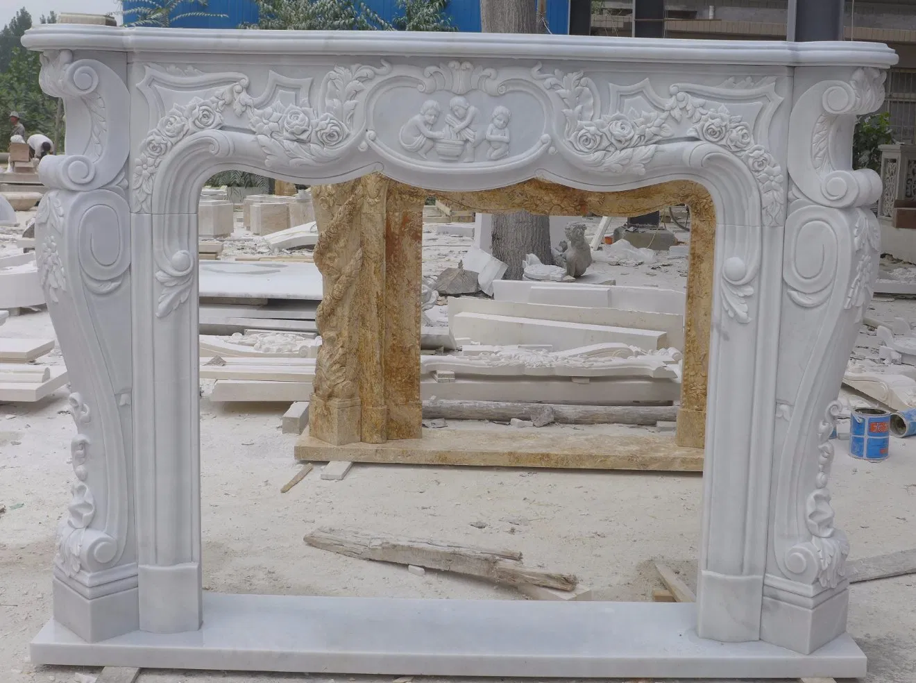White/Yellow/Beige Marble Surround Carved Mantel Stone Design Fireplace