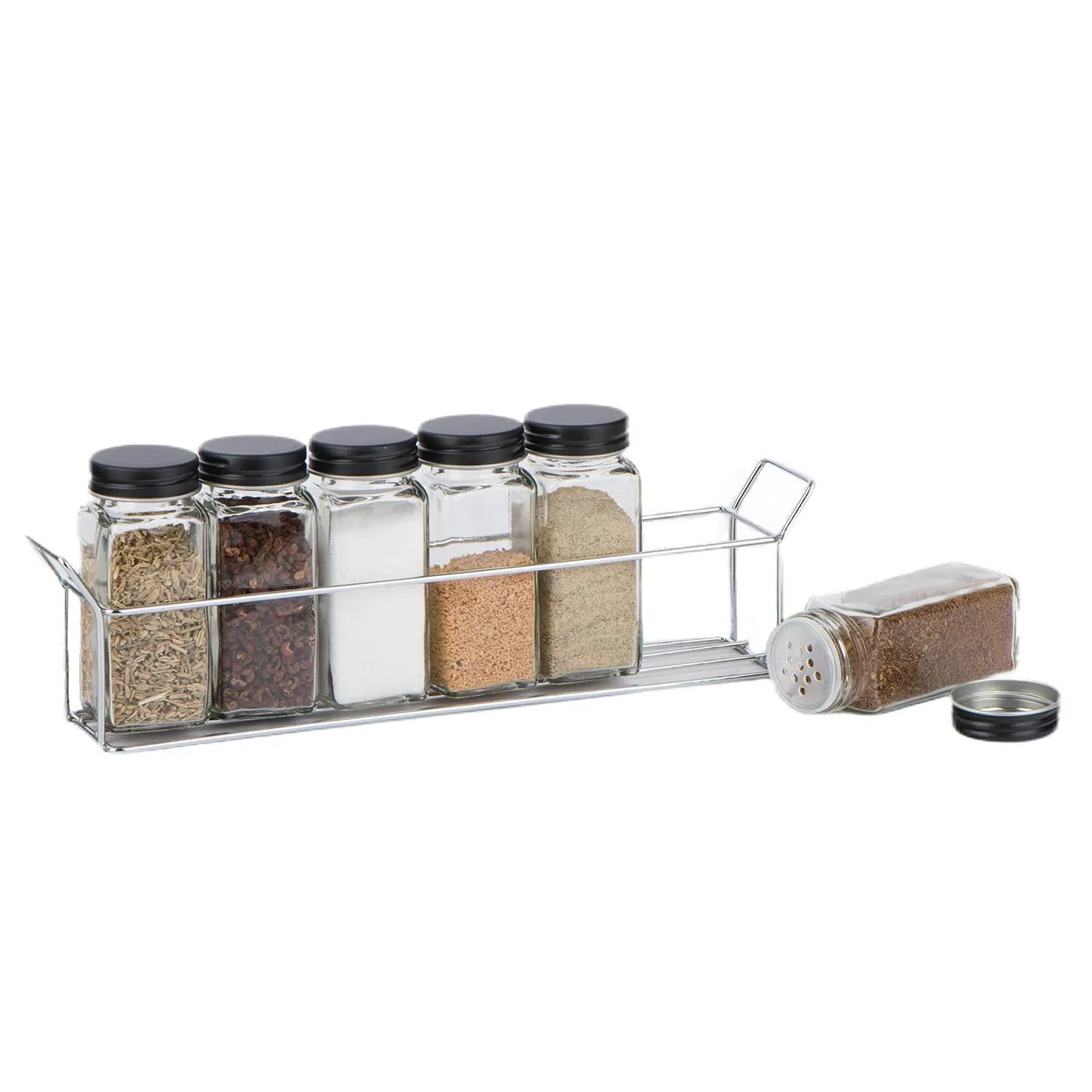 Spice Grinder Glass Jars Set with Metal Lid and Stainless Steel Rack