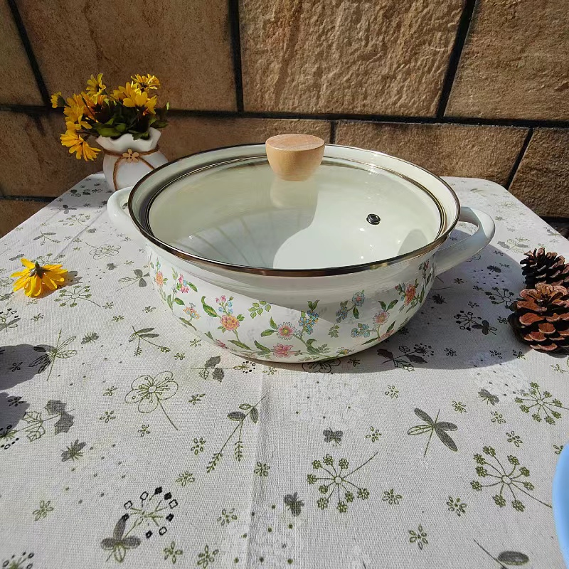 Enamel Casserole Pot Kitchenware Accessories Cooking Pots Double Wall Casserole Pot with Glass Lid