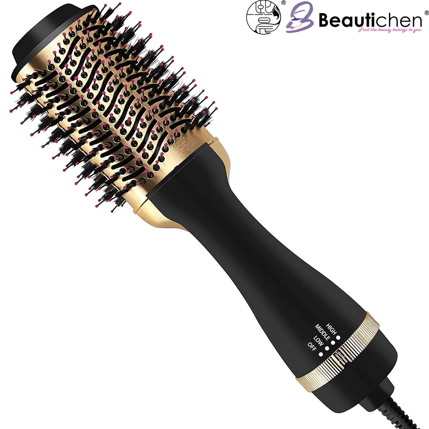 Beautichen Multifunctional Hot Air Brush – Black Handle with Gold Head, Adjustable Temperature & Negative Ion Technology
