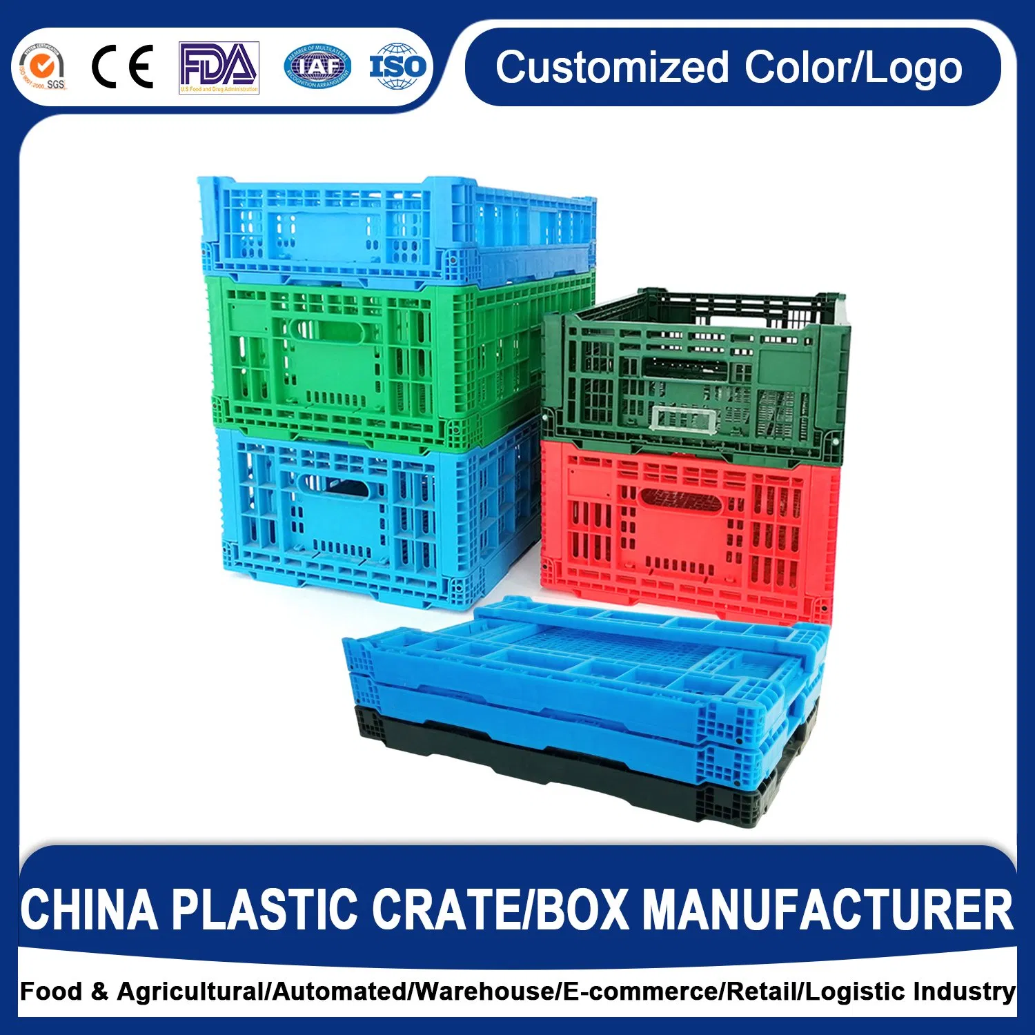 Factory Supply 600*400mm Polypropylene Folding Agriculture Vegetable Storage Food Collapsible Storage Food Box Vented Foldable Plastic Crate for Supermarket