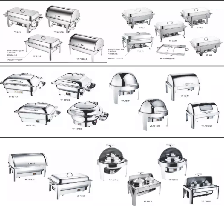 Rotating Stainless Steel Electric Brass Roll Top Round Chauffe Plat Food Warm Serving Dish Buffet Chafing Chaffing Dishes Copper Fuel India Warmer for Catering