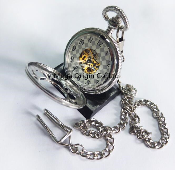 Vintage Hand Wind Silver Tone Mens Mechanical Skeleton Pocket Watch with Chain
