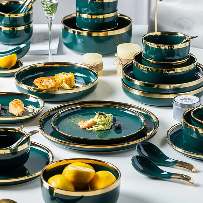Emerald Green Ceramic Dinner Set with Elegant Golden Edges