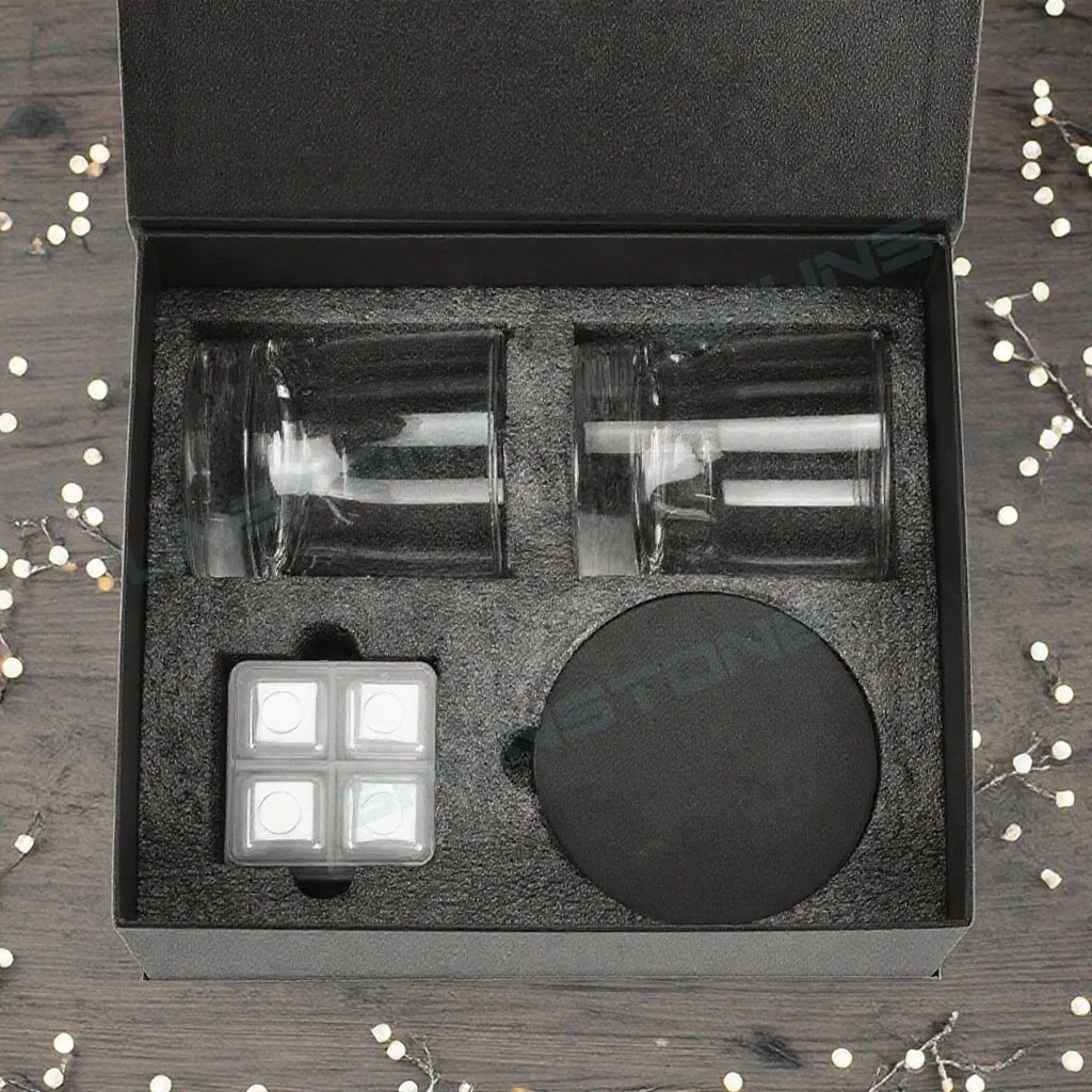 Modern Clear Crystal Whiskey Glass Gift Set with Whiskey Stones and Leather Coaster Magnetic Gift Box