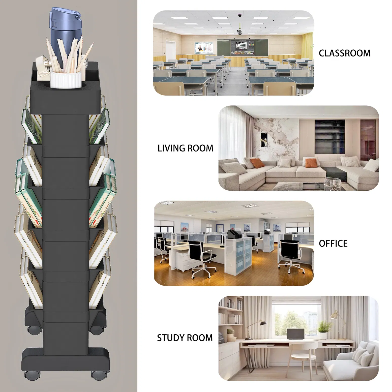 Stylish 6 Tier Black Rolling Bookshelf for Easy Storage