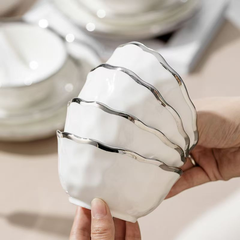 Luxury White Ceramic Dinnerware Set Featuring Silver Accents