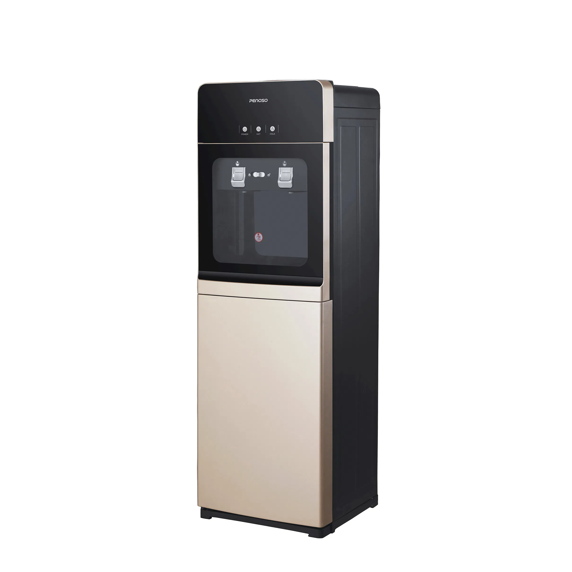 Black and Gold Color Made with Electric Cooling Hot & Cold Water Dispenser Floor Type Vertical Water Dispenser with Storage Cabinet Half Down