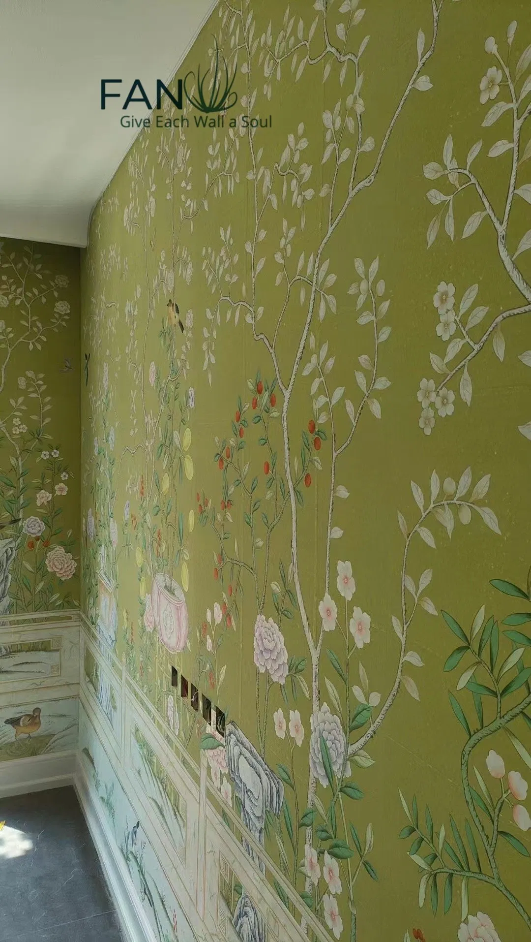 Zhenling Hand-Painted Silk Wallpaper Magnolia Flowers Green Background Wallpaper for Interior Decoration