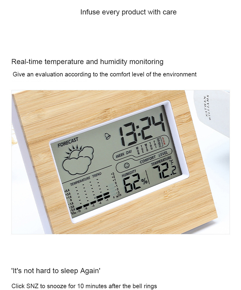 Digital Big LCD Thermometer Hygrometer Clock with Weather Station in Bamboo