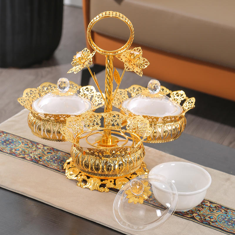 Gold Metal Plate, Dried Fruit Plate, Compartment with Lid, Dried Chinese Bowl