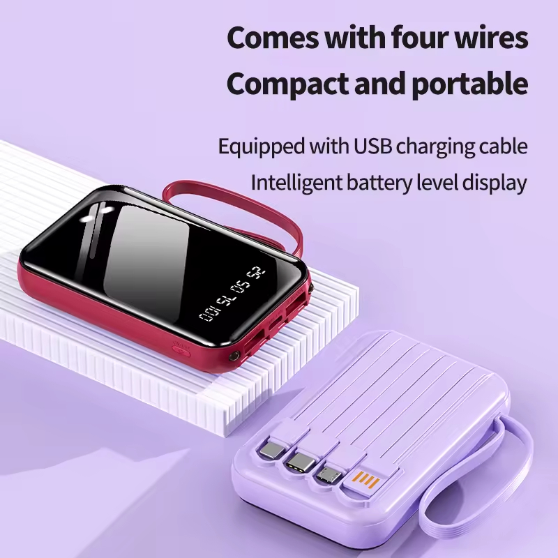 Ultra Slim 10000mAh Portable Power Bank with Built-in Cable