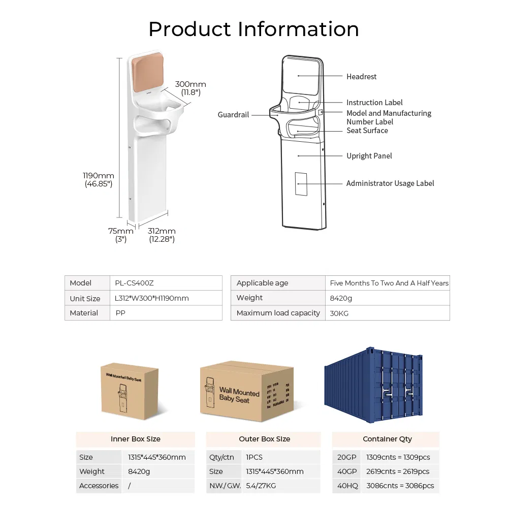 Commercial Nursery Wall Mounted Antibacterial Baby Care Seat Unit Station Bathroom Baby Seat