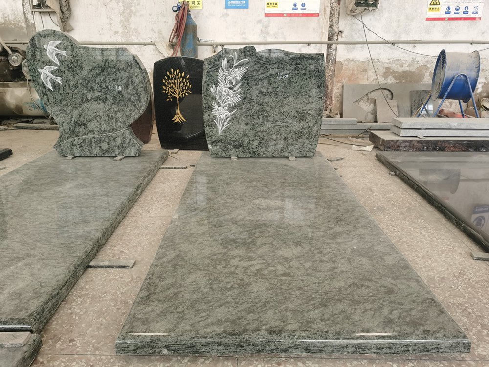 European Style Olive Green Granite Customized Polishing Surface Tombstone Headstone