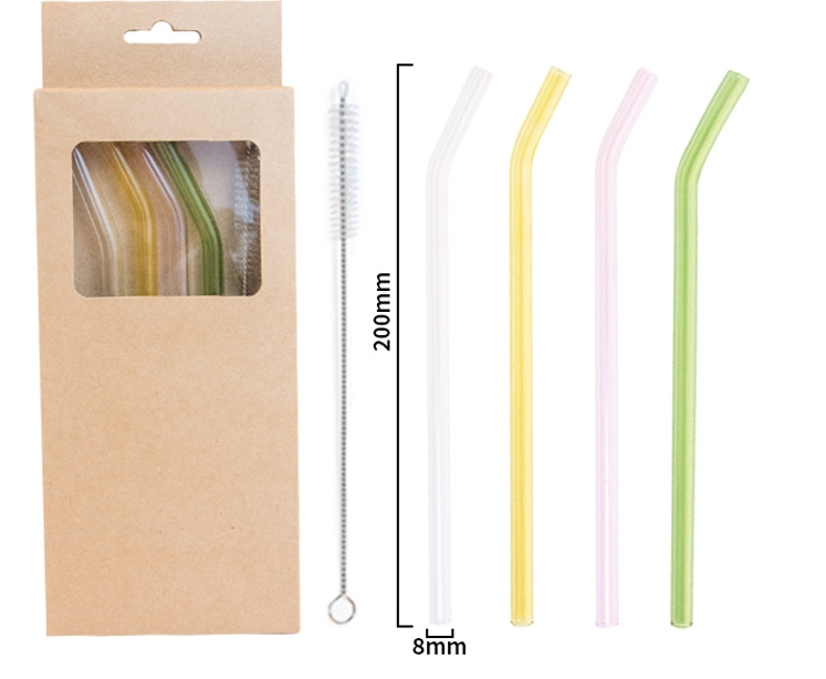 Fashionable Durable Food Grade Glass Straw Four Piece Set with Cleaning Brush