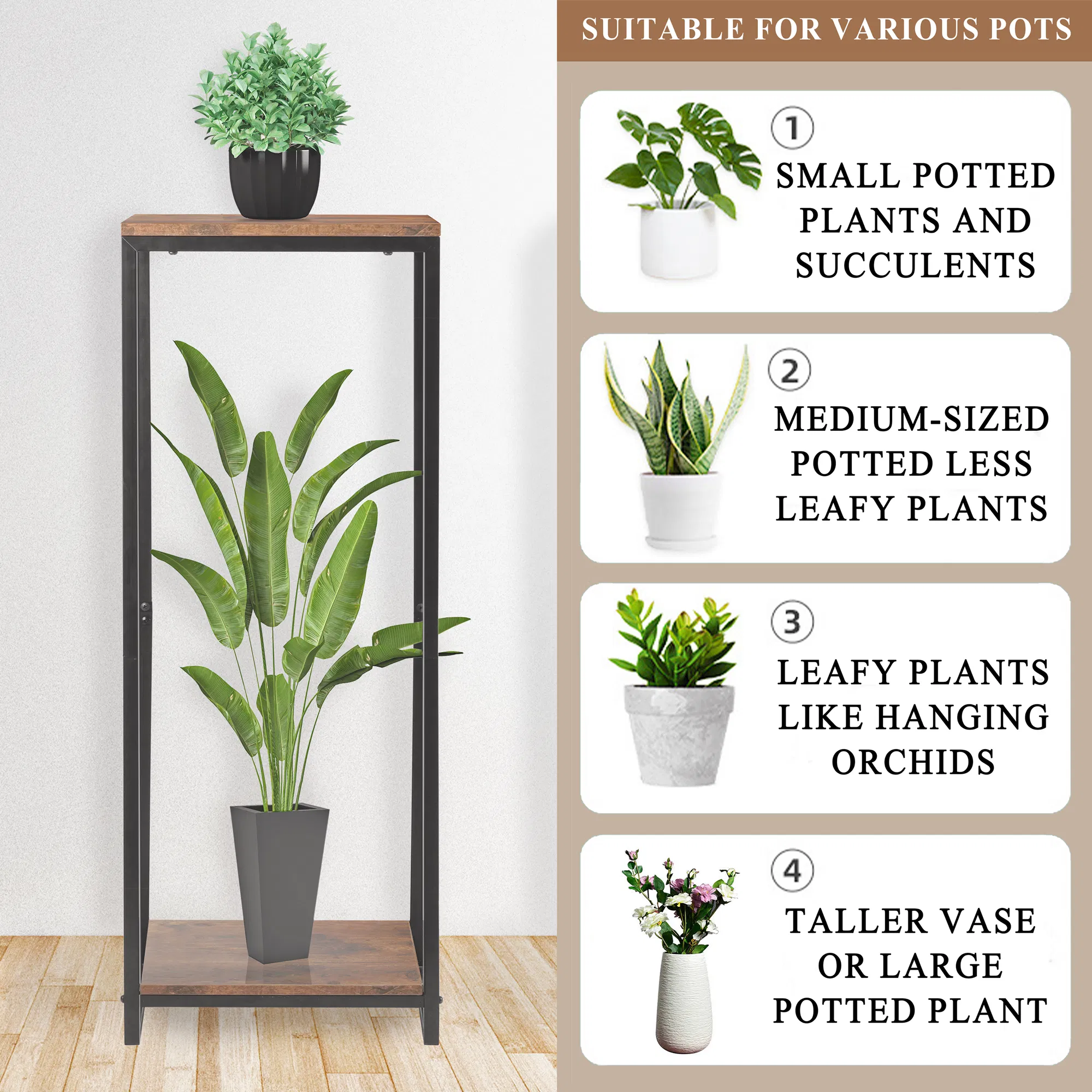 2-Tier Brown Indoor Corner Steel Wood Flower Plant Stand