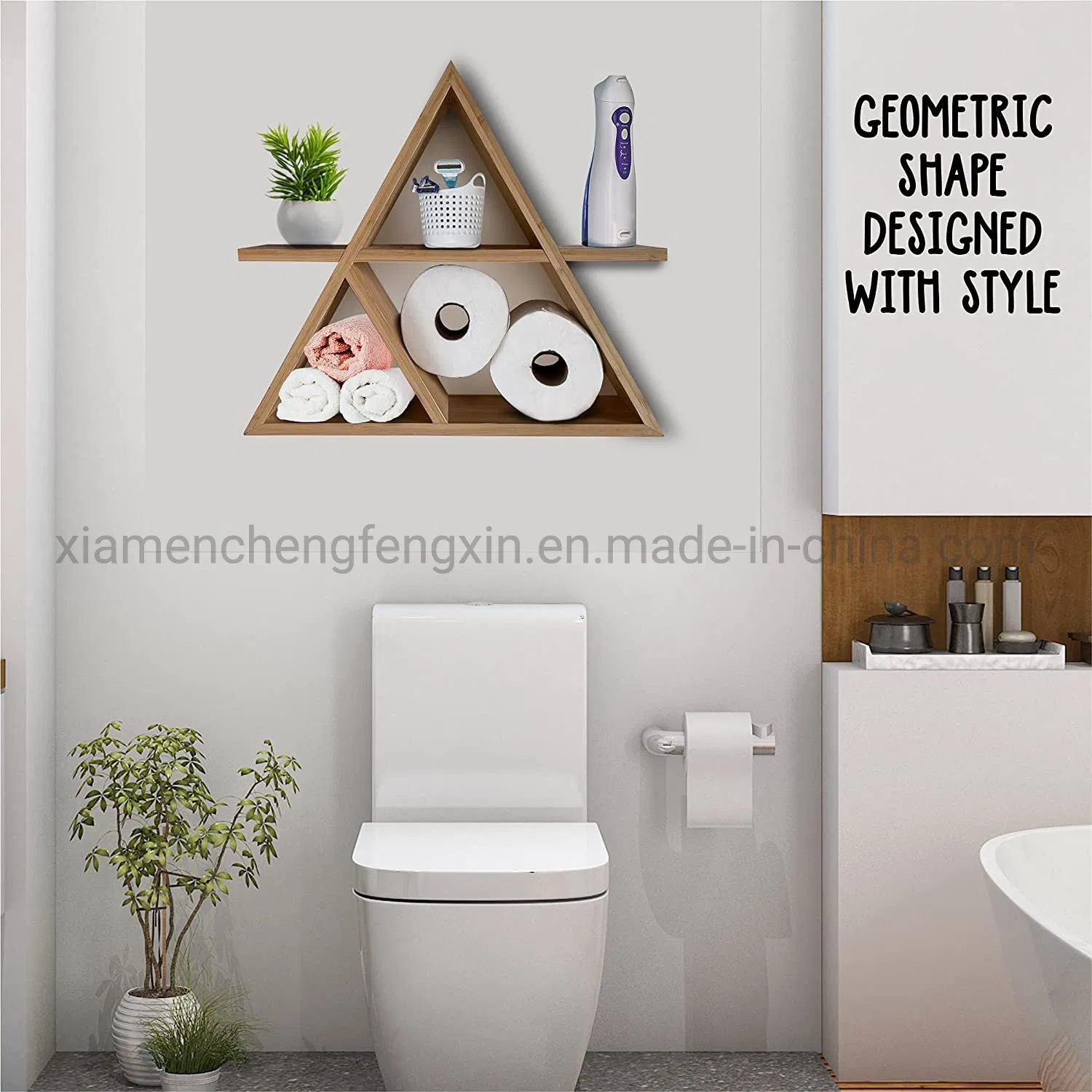 Spin Infinite Floating Triangle Shelf – Handmade Triangle Shelves for Bathroom, Bedroom, Living Room – Bamboo Wood Triangle Shelf