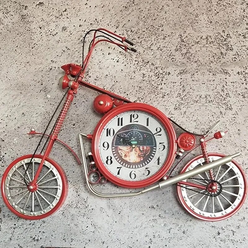 Silver Antique American Style Iron Motorcycle Clock Handmade Wall Clock