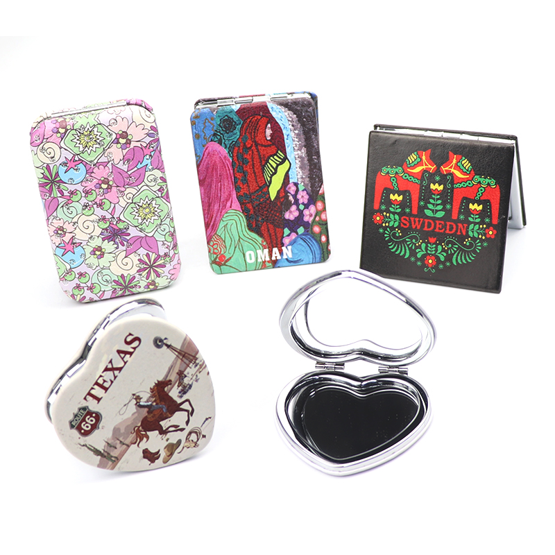 Custom Logo Souvenir Folding Leather Mirror Portable Handheld Cosmetic Pocket Compact Makeup Mirrors