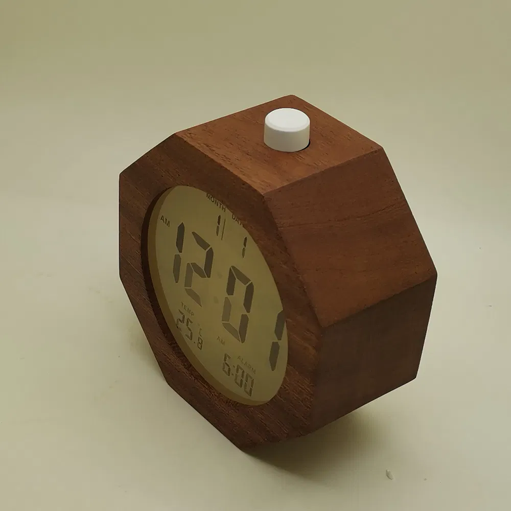 Octagon Shape Solid Wooden LCD Alarm Temperature Clock