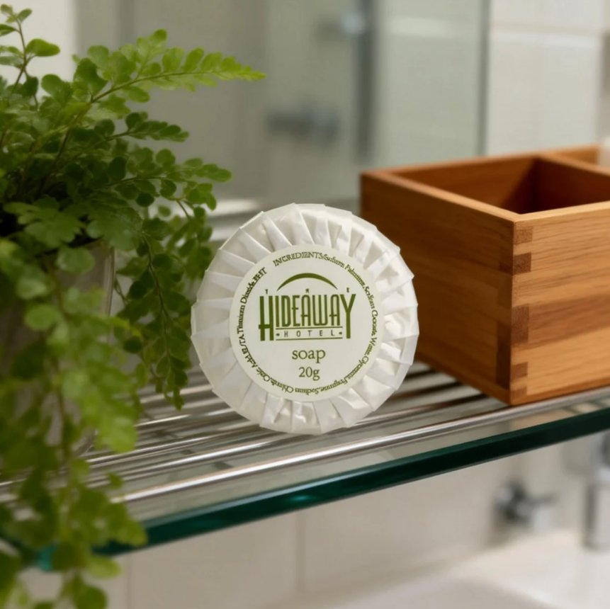 20g Round Hotel Guest Soap Wrapped in Laminated Paper with Custom Label