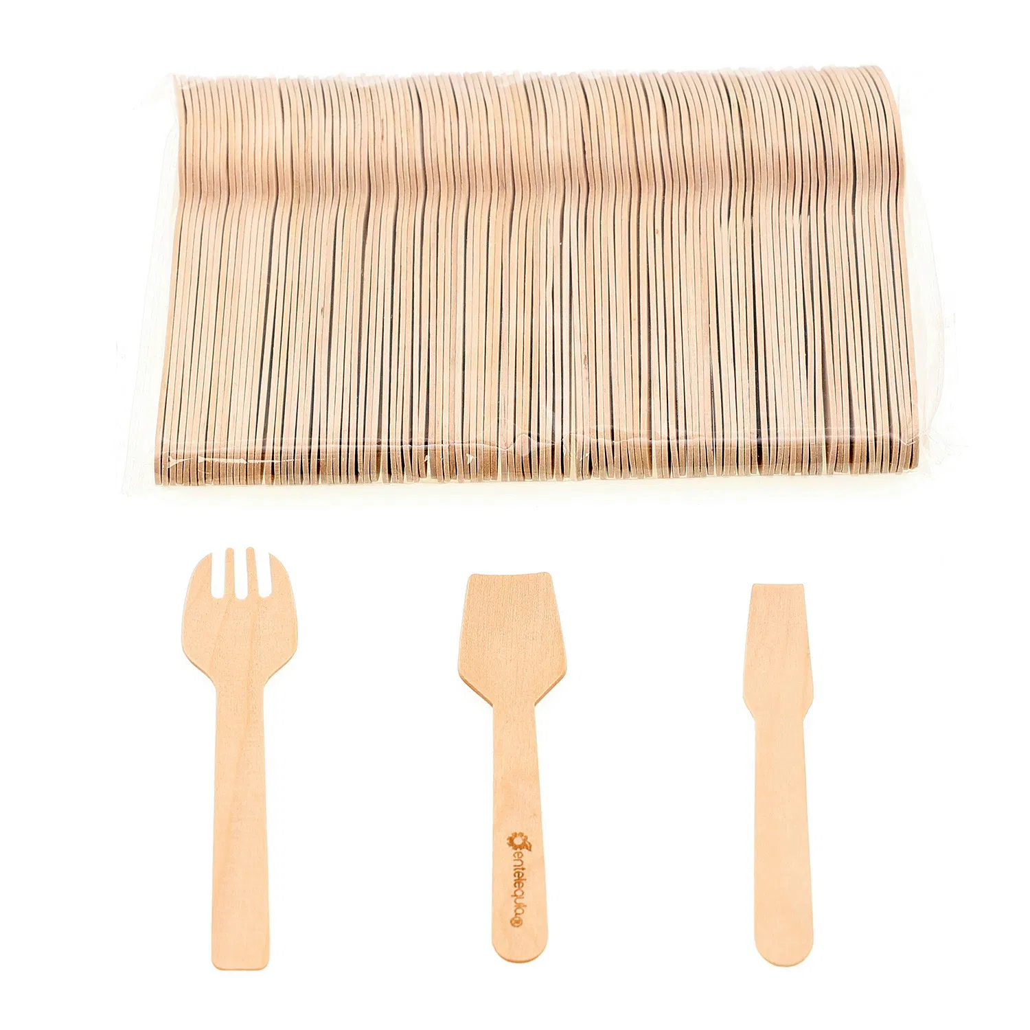 Compostable Disposable Spoon Fork 105mm/140mm/160mm Biodegradable Paper Bag Birch Wooden Spork with Customized Logo Printing for Desserts & Parties