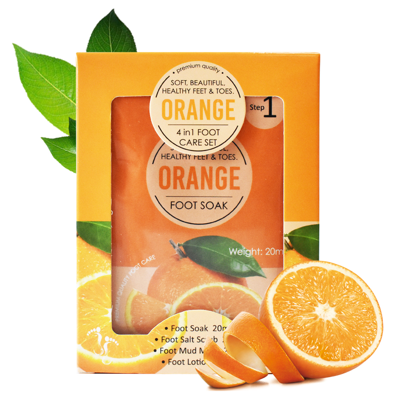 Customize Logo Peeling off Feet Care Set Orange Foot Soak Salt 4 in 1 Pedicure Moisturizing Exfoliating Scrub