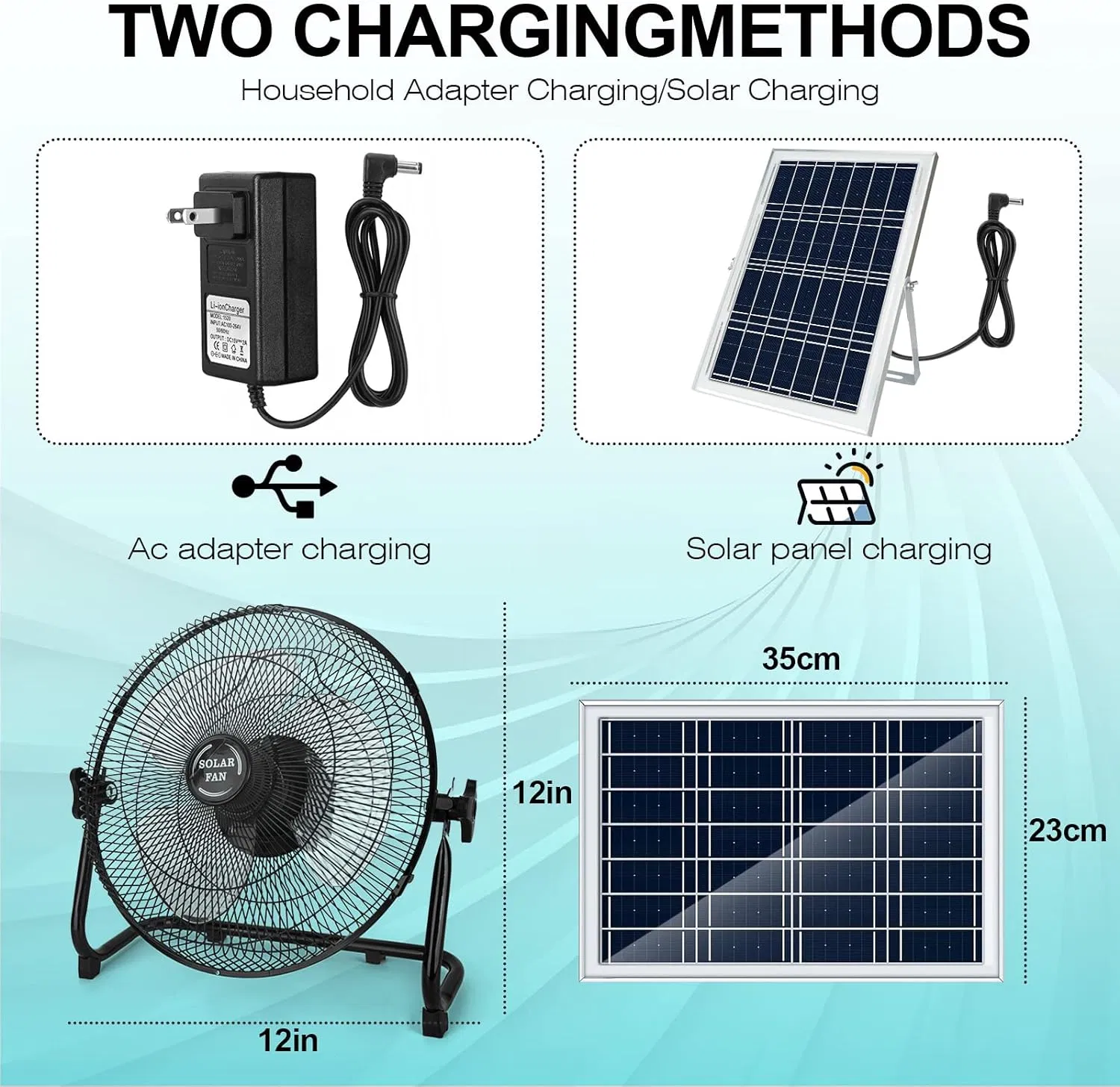 Battery Operated 2-in-1 Solar Panel & AC Charger Powered Fan