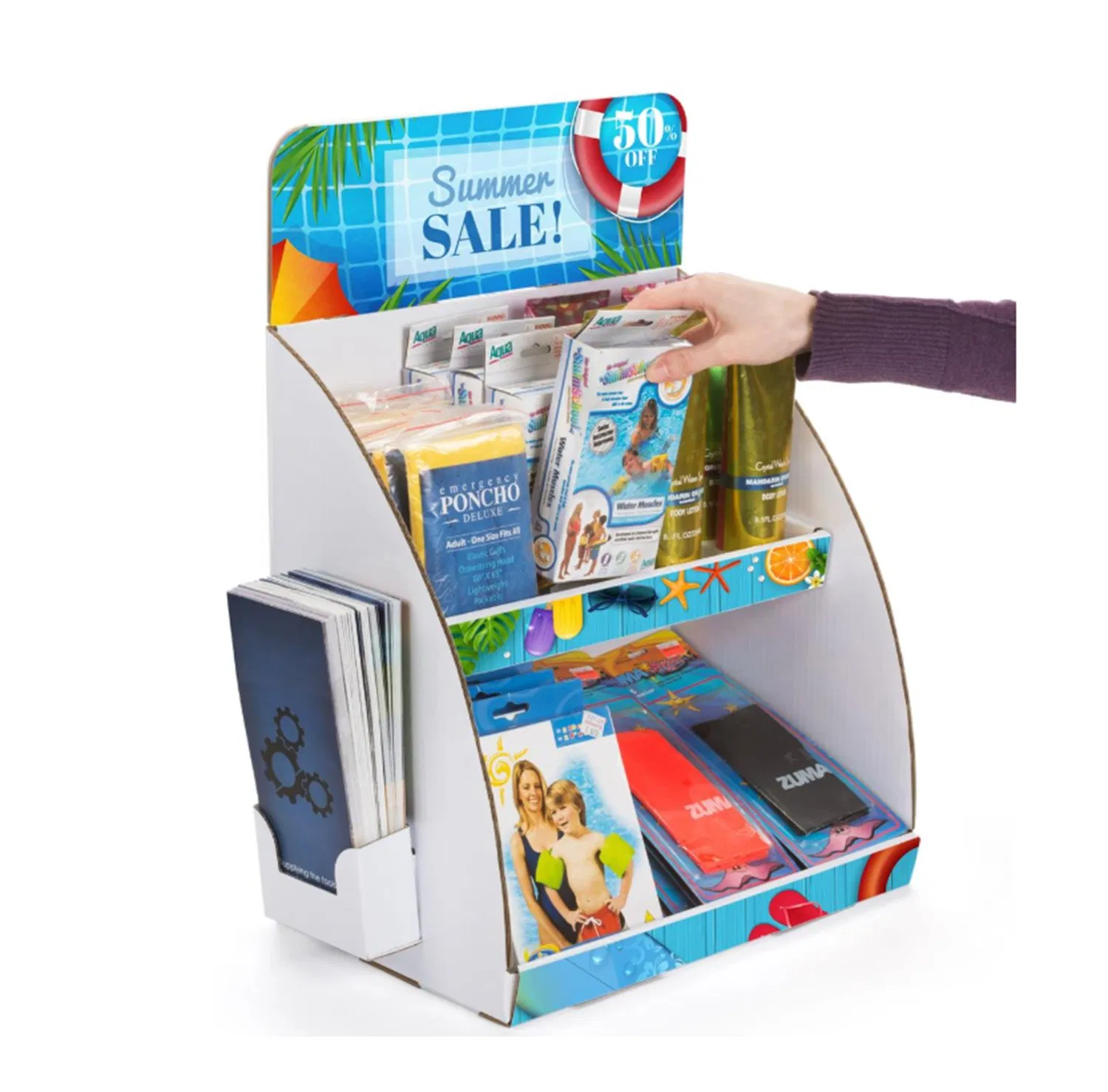 Corrugated Shelf Counter Two Tiers Display Boxes with Brochure Holder