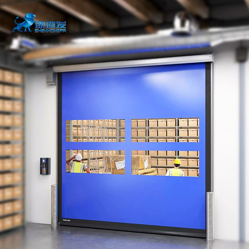 Industrial PVC Fast Electric Rolling Shutter Door with High Strength Polyester Fiber Fabric Low Noise with Transparent Panel