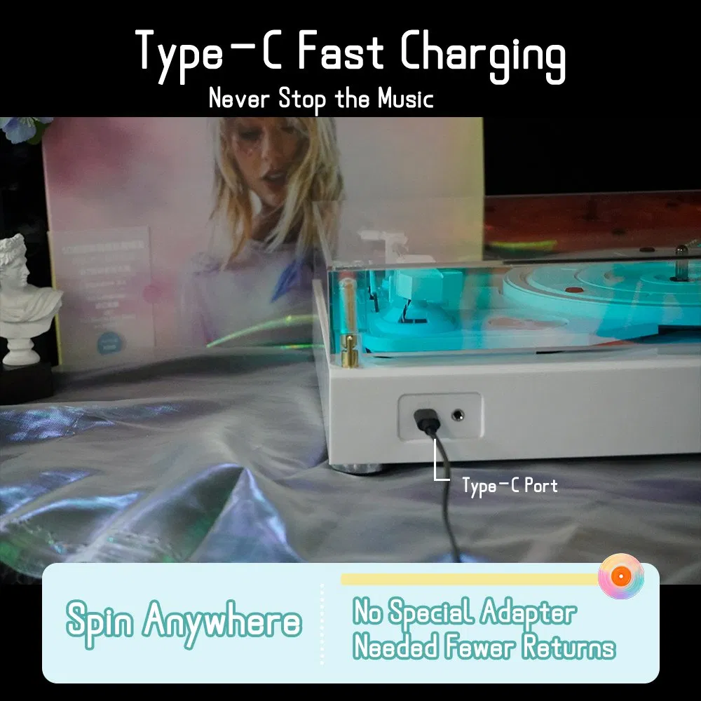 Custom Laser Engraving Logo Acrylic Colorful Turntable Vinyl Record Player with Built in Bluetooth 5.0+ Music Speaker