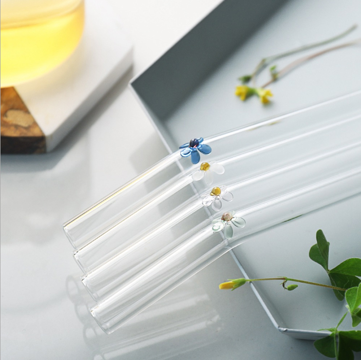 Customized Flower Logo High Borosilicate Glass Straw