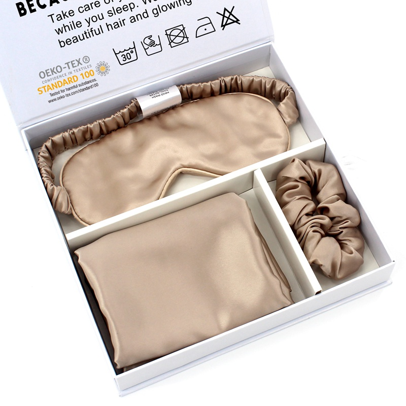 Custom Logo Ivory Pure Silk Pillowcase Scrunchie Box Hair Tie Luxury Sleep Eye Mask 100% Mulberry Silk Pillow Case Set