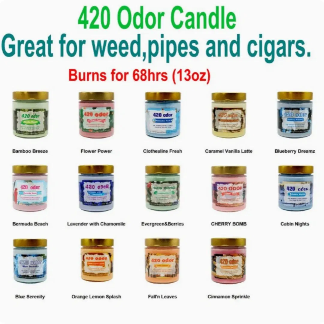 New Arrived Smoke 420 Odor Exterminator Glass Candle Jar 13 Oz Jar Candle Wax 14 Flavors