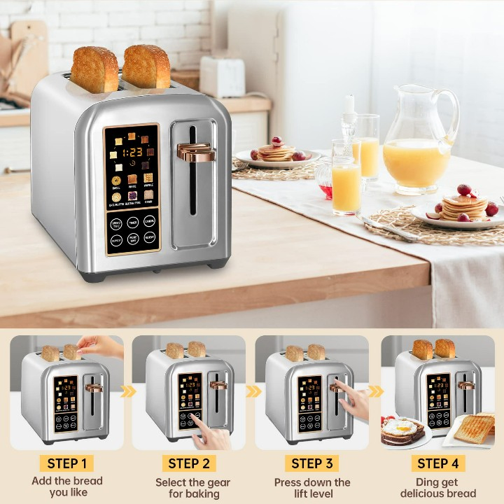 Hot Sale LCD Display Touch Buttons 2 Slice Stainless Steel Bread Toaster