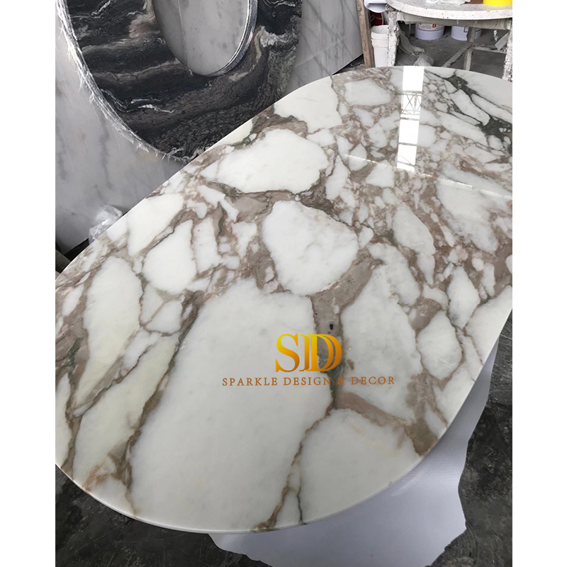 Customized High Polished Calacatta White Marble Dining Tabletop