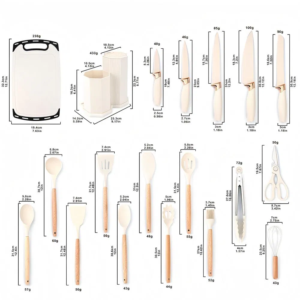 High Quality 19 Piece Silicone Kitchen Utensil Set with Wooden Handle and Cuttings Board Storage Bucket Kitchen Gadget Set