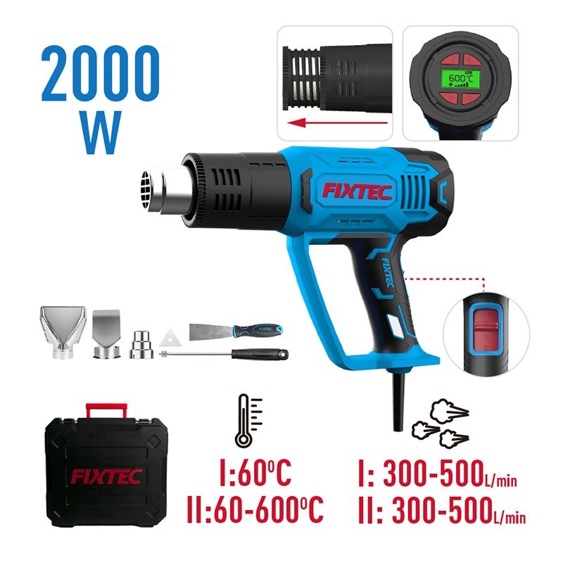 Fixtec Digital LCD Display Handheld 60-600º C 2000W Electric Hot Air Heat Gun with Nozzle