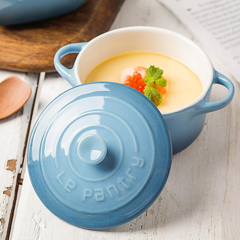 Ceramic Baby Food Bowl with Ear and Cover Steamed Egg Custard Stew Bowl