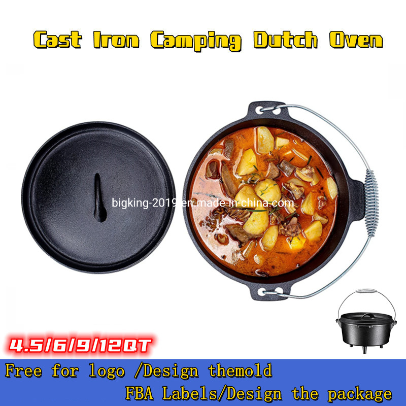 Cookercool 4.5qt 6qt 9qt 12qt Round Shape Cast Iron Camping Dutch Oven with Lid