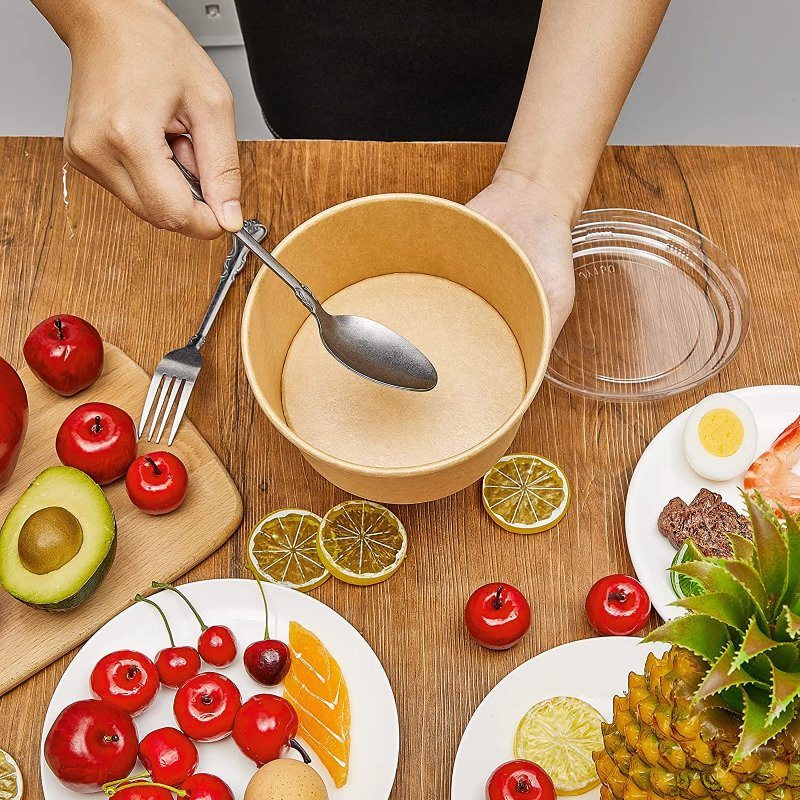 Custom Printed Single Wall Disposable Kraft Paper Salad Bowls with Lids