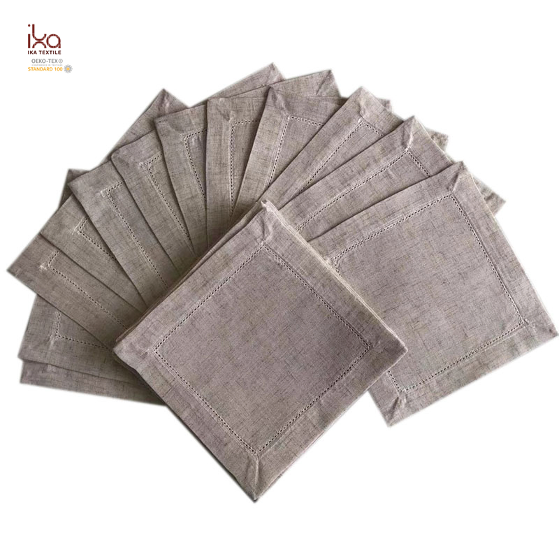 Restaurant Party Table Decorative Personalized Custom Wholesale Hemstitch White Embroidered Pure Linen Square Cocktail Napkins with Logo