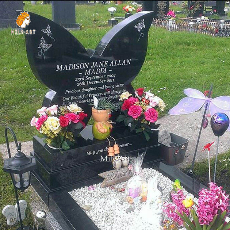 Custom Natural Stone Hand Carved Butterfly Granite Black Graves Headstone