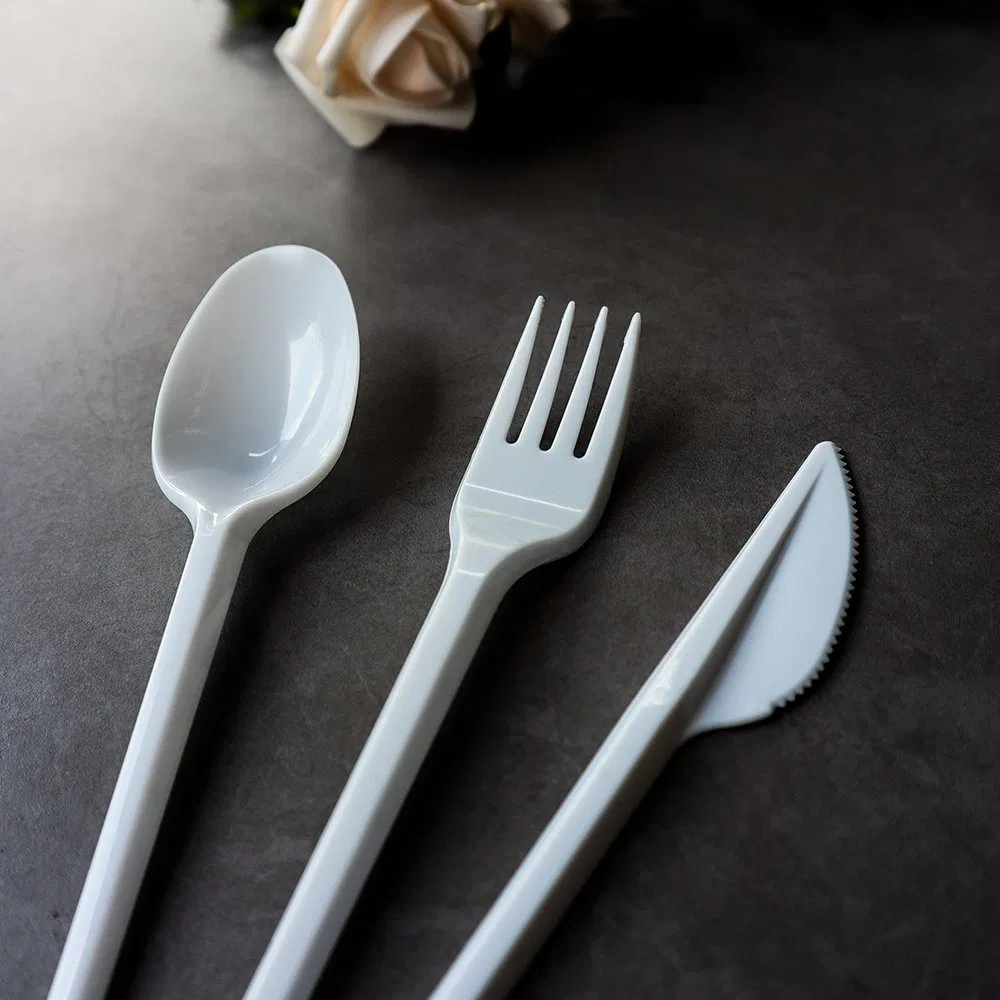 Disposable Plastic Cutlery Set PS Plastic White Knife, Fork and Spoon for Camping