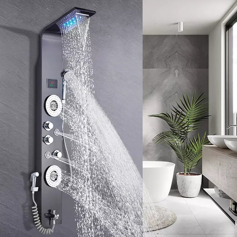 LED Thermostatic Digital Display Shower Panel Bathroom Wall Mounted Stainless Steel Waterfall Black Shower Column Set Tower Massage Jets LED Shower Panels