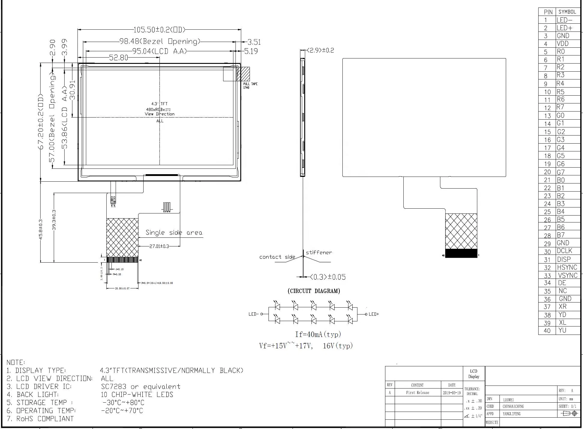 4.3 Inch TFT Monitor LCD 480 (RGB) X272 St7282 Drive IC Wide View TFT LCD Module
